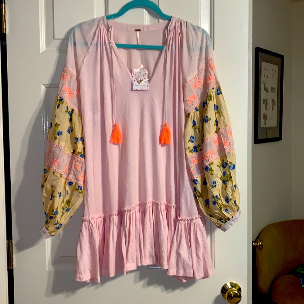 NWT Free People light pink long sleeve dress with beaded sleeves